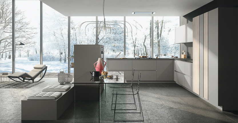 cuisine ouverte sur salon avec table vitrée et électroménager intégré, façades laque mat nordique