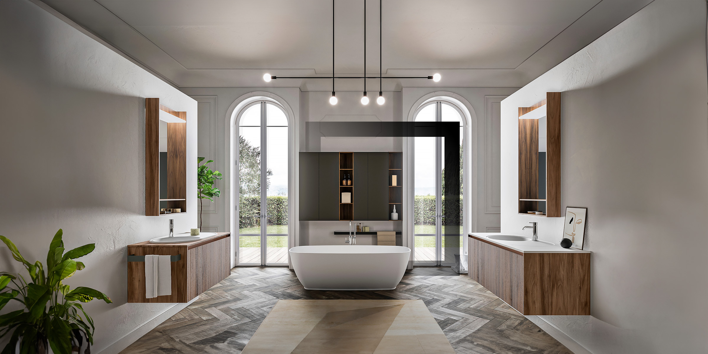 Salle de bain haut de gamme avec baignoire modèle Lady Cerasa et meubles vasques en bois