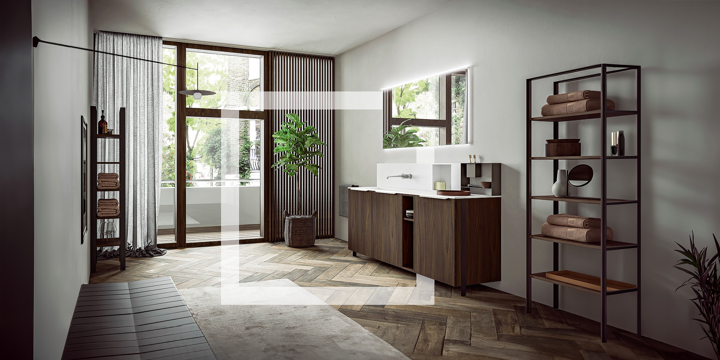 Salle de bain haut de gamme avec meubles en bois et miroir rétroéclairé