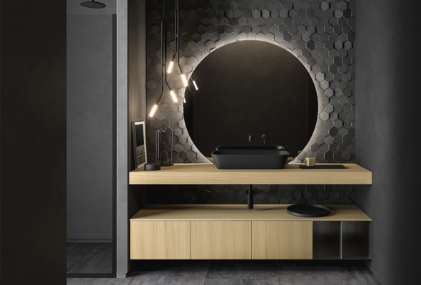 Meuble vasque de salle de bain haut de gamme en chêne clair et miroir en cercle rétroéclairé