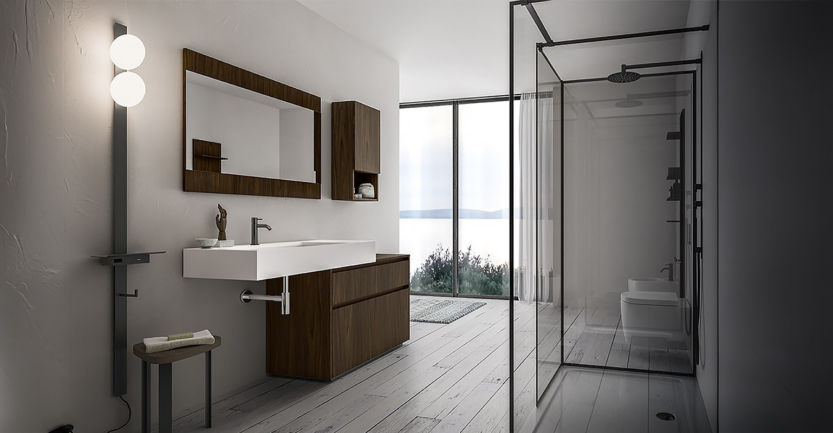 douche italienne de luxe avec meubles de bain en bois