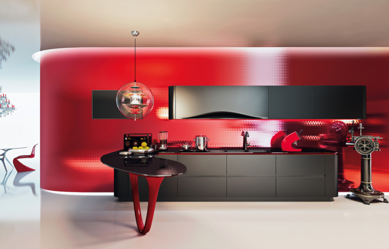 Cuisine design ouverte sur salon laquée noire avec table et pied rouge en fibre de carbone