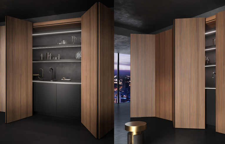 Ouverture de portes de cuisine minimaliste sipario nervure, dissimulant un évier et des éléments de rangements