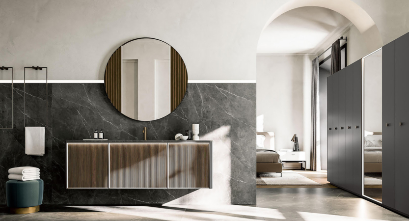 Suite parental avec meuble salle de bain italien de luxe avec vasque et évier en bronze