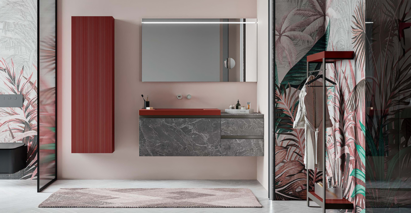 meuble de salle de bain italien design à motif avec façades en marbre sans poignées