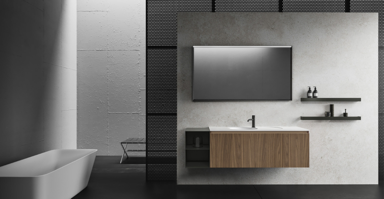 meuble de salle de bain italien suspendu avec évier en marbre et extension de rangement en métal