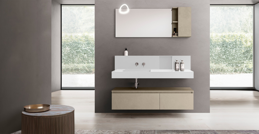 meuble de salle de bain italien avec miroir et éléments de rangements sous vasque