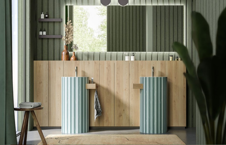 salle de bain design naturel avec du bois et des finitions laque verte