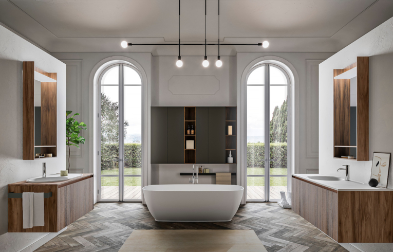 salle de bain minimaliste avec façades de meuble en bois