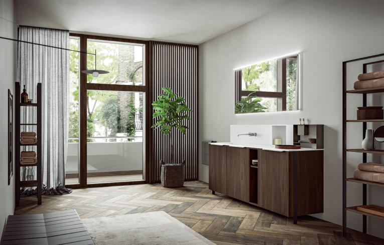 salle de bain minimaliste finitions bois noyer