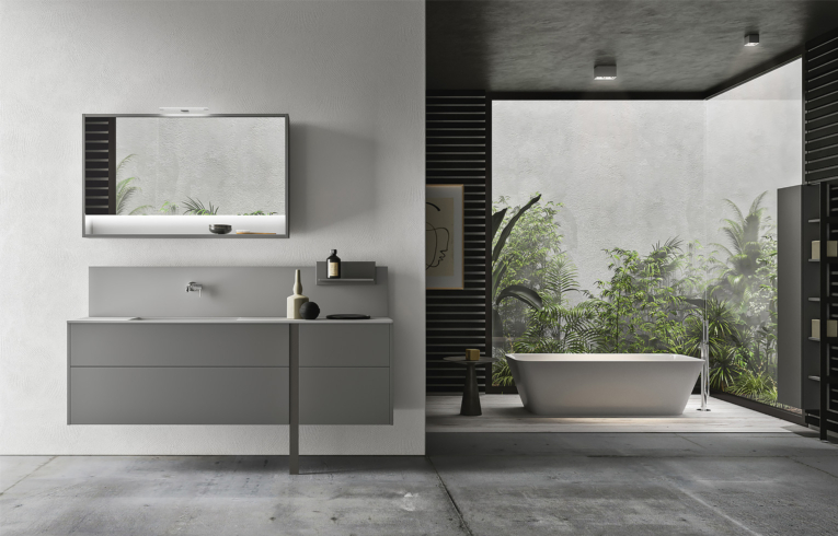 salle de bain minimaliste avec meubles sans poignées suspendus