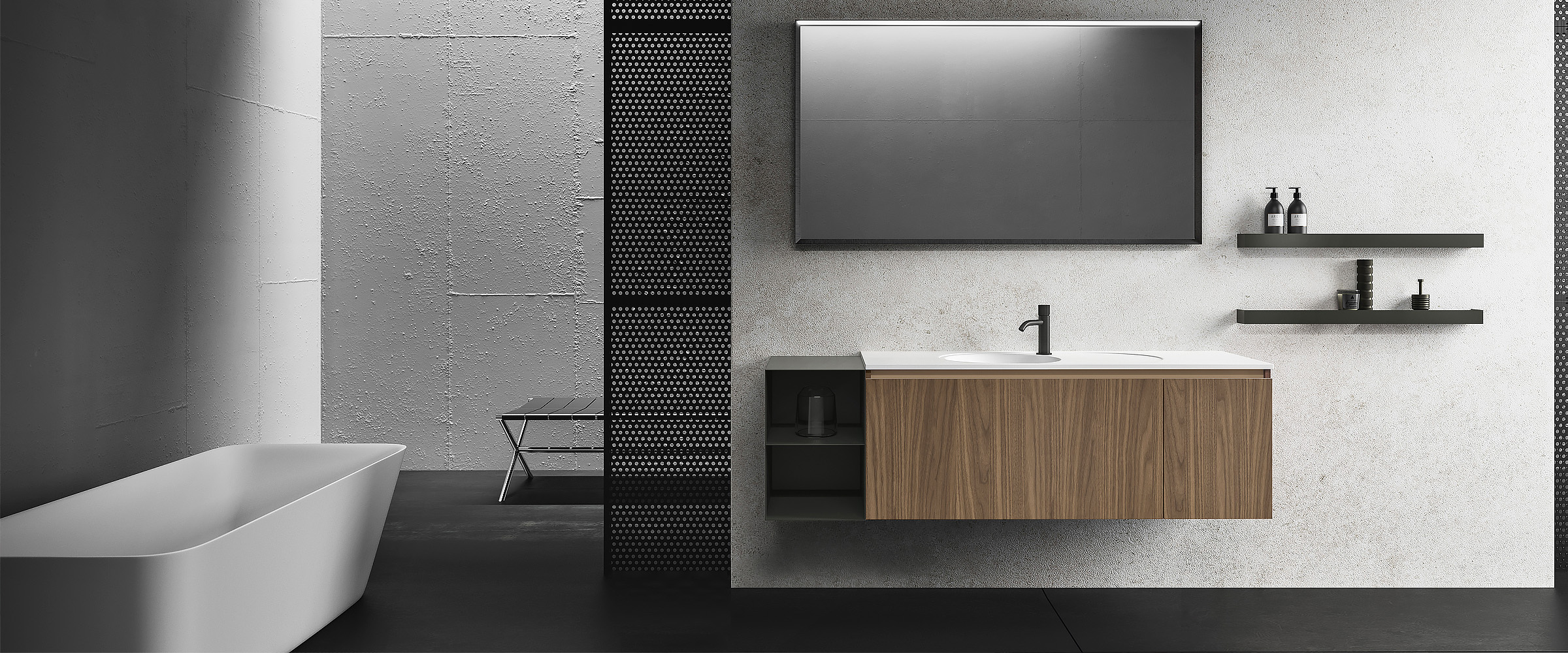 salle de bain minimaliste avec baignoire en marbre et meubles en bois