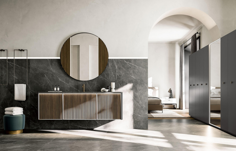salle de bain de luxe avec meuble suspendu et miroir
