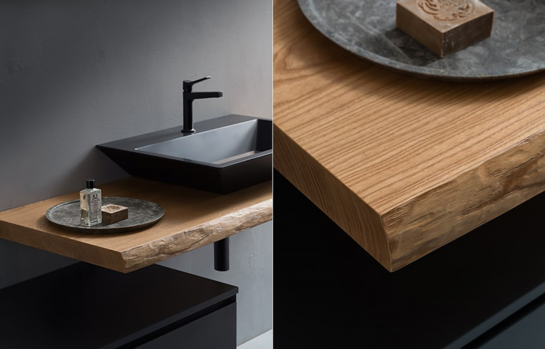 vasque de salle de bain design avec plan de vasque en bois