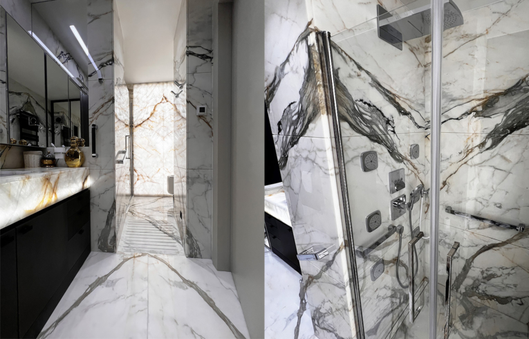 salle de bain haut gamme Neuilly avec cabine de douche en verre