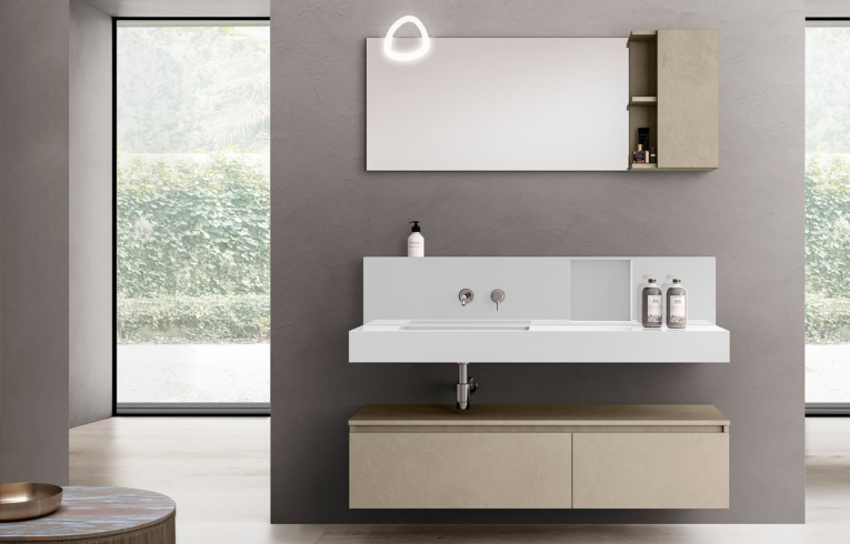 salle de bain minimaliste avec vasque et meuble suspendu