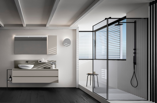 salle de bain minimaliste avec douche à l'italienne et meuble suspendu