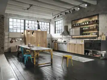 cuisine industrielle noir et bois avec table en métal