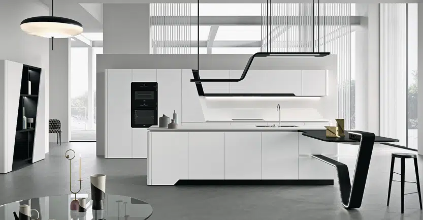 cuisine snaidero de luxe avec îlot central et piètement en V rétroéclairé