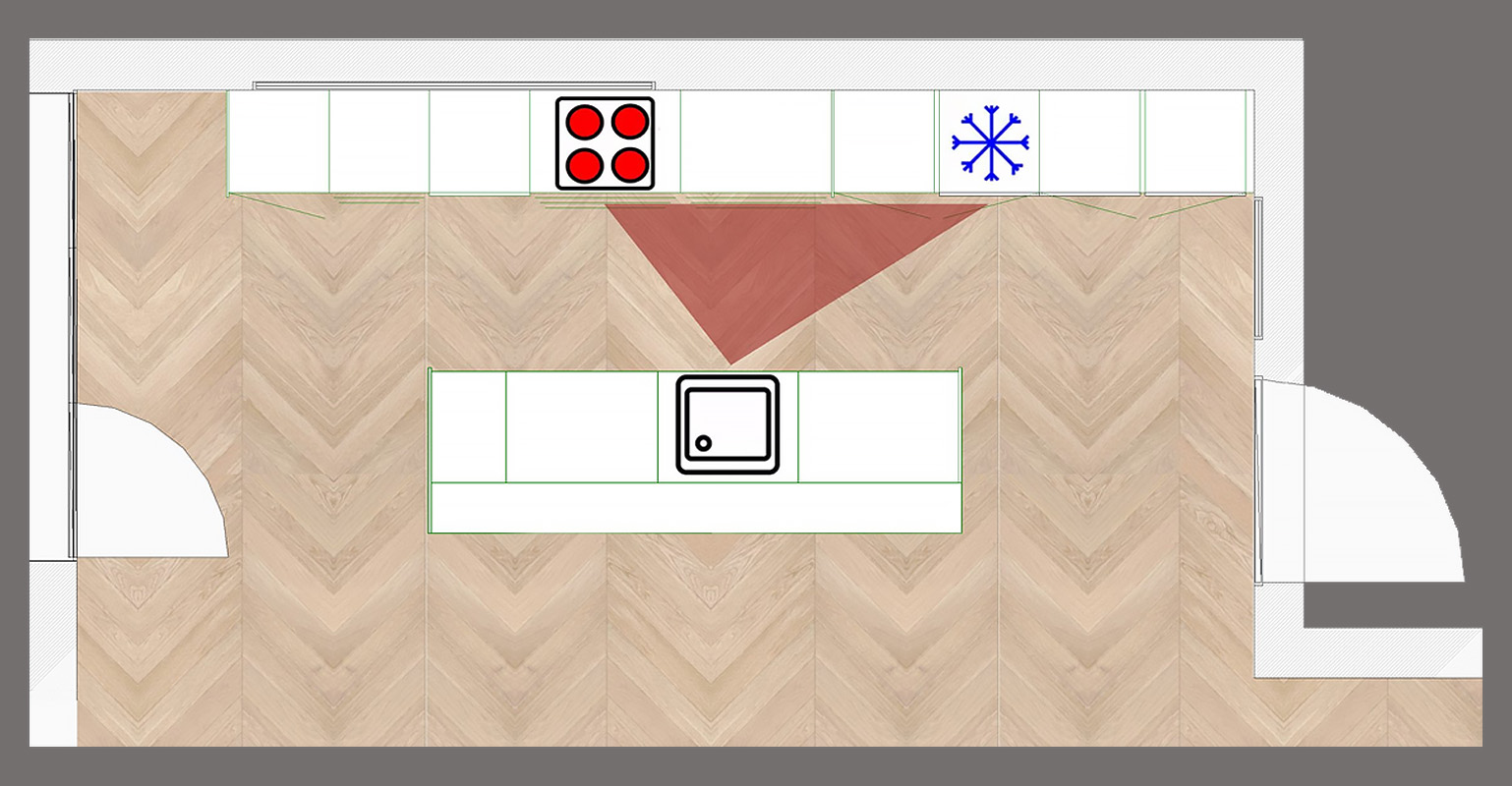 Plan dessin d'un triangle d'activité dans une cuisine disposé en I snaidero