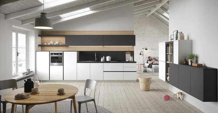 Cuisine contemporaine blanche ouverte sur salon avec meuble de rangement en stratifié gris