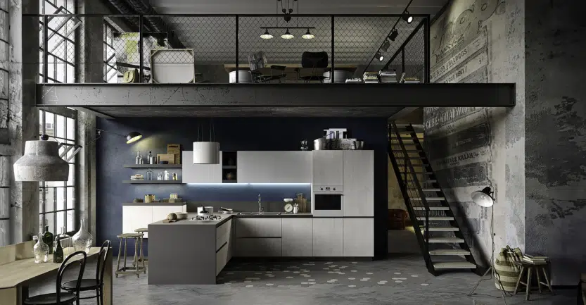 Duplex avec une cuisine ouverte sur le salon en stratifié bois et plan de travail gris