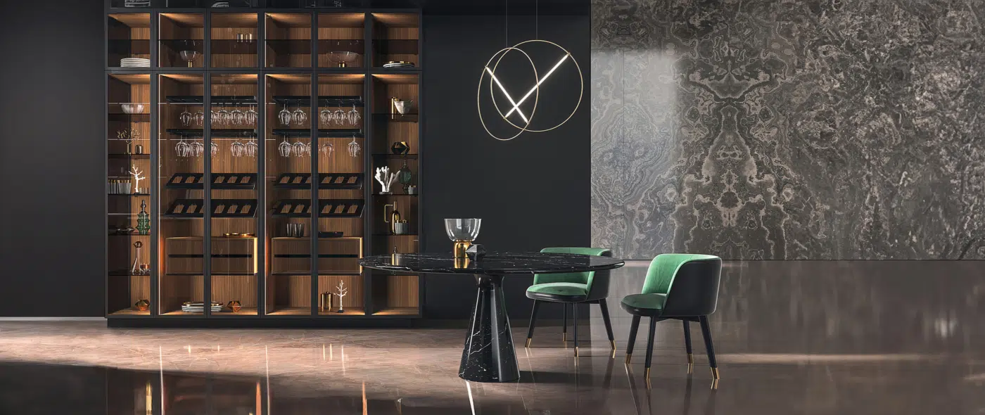Aménagement d'intérieur haut de gamme avec table en marbre et vitrines