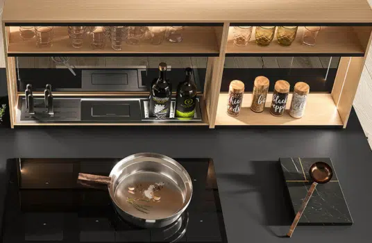 Ilot de cuisine haut de gamme avec rangement en bois et plaque de cuisson