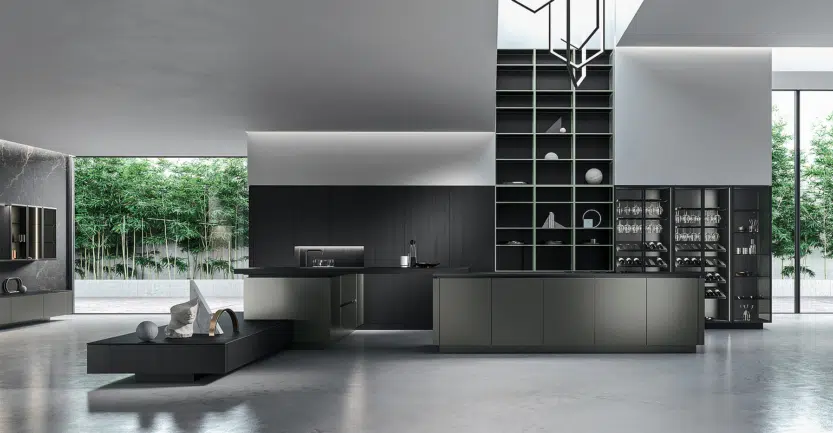Cuisine design italienne de luxe en aluminium Town et bois avec îlot central et vitrine de rangement