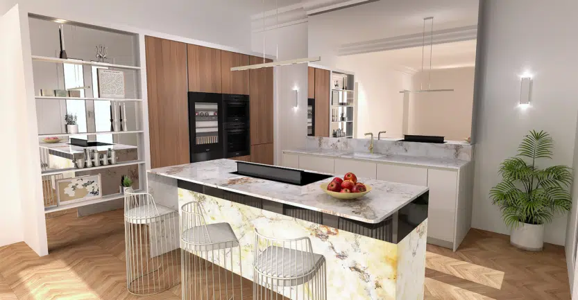 Réalisation d'une cuisine d'exception avec un plan de travail et des crédences en granit Crystal extra