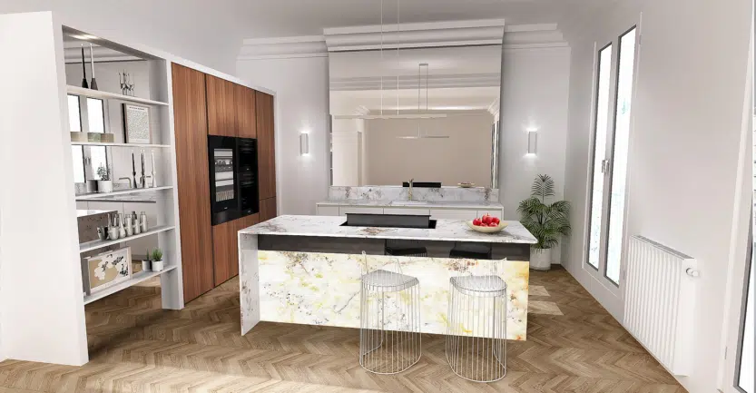 Cuisine ouverte sur le séjour dans un immeuble haussmannien avec des colonnes en bois