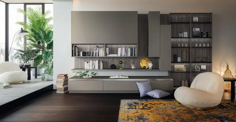 Salon contemporain avec meuble bibliothèque en bois et meubles de cuisine Snaidero