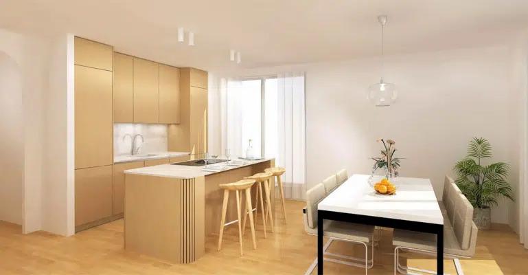 Cuisine ouverte sur le séjour en bois avec un îlot central et des colonnes de rangements en bois