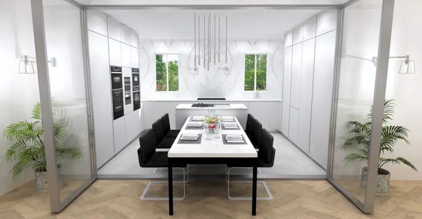Cuisine ouverte avec des verrières en inox et une grande table à manger