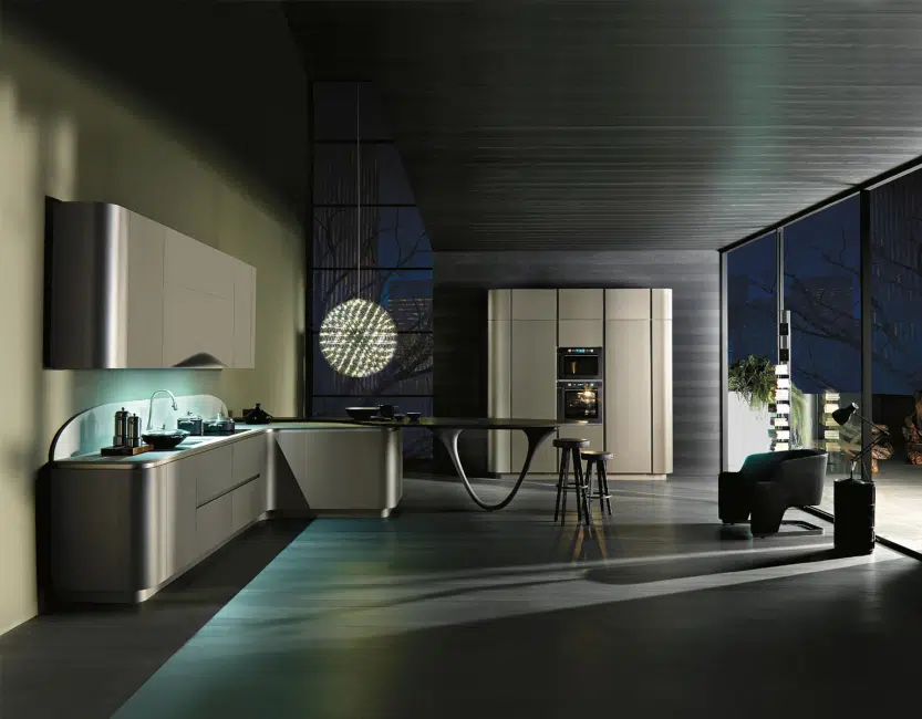 Cuisine snaidero ouverte contemporaine haut de gamme table en épis vue de nuit