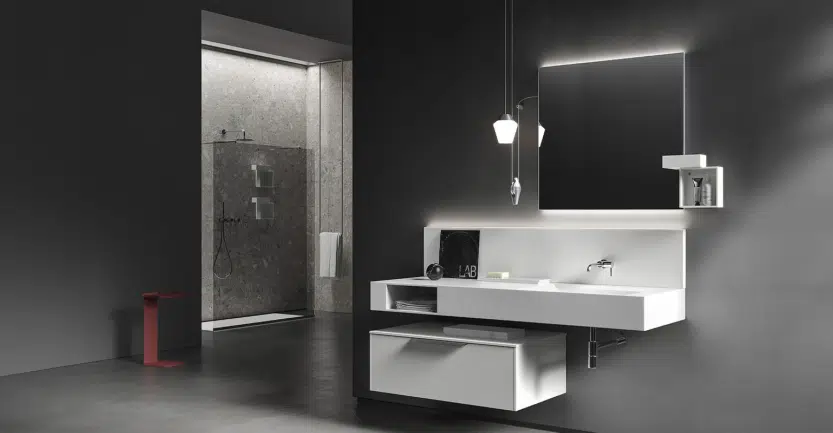 Douche italienne design italien en pierre avec meuble de bain en marbre