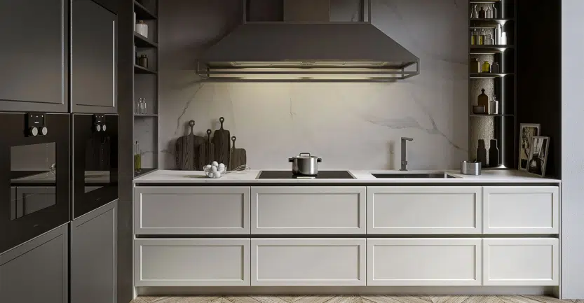 Frame une des plus belles cuisines italiennes sans poignée avec gorge noire et hotte inox