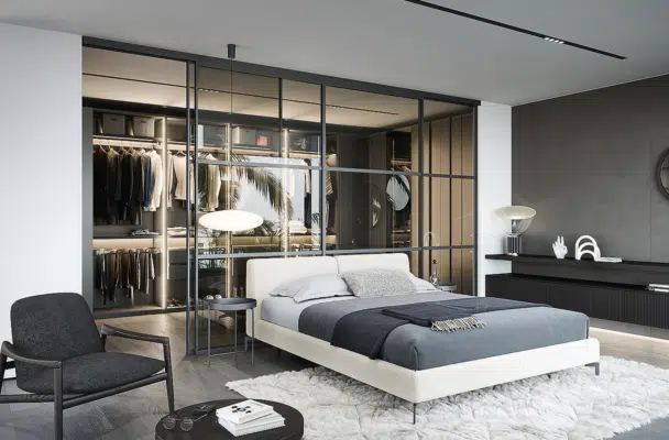 aménagement dressing haut de gamme avec dressing à portes battantes vitrées