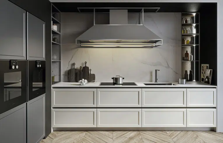 Cuisine classique avec hotte mural industrielle en inox avec bandeaux LEDs et plan de travail stratifié