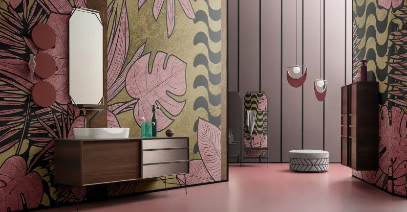 Grand espace d'eau avec meuble salle de bain italien en bois sans poignées