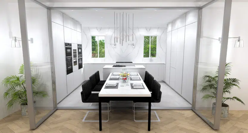 réalisation 3d d'un cuisiniste haut de gamme, avec plan de travail et crédences en granit