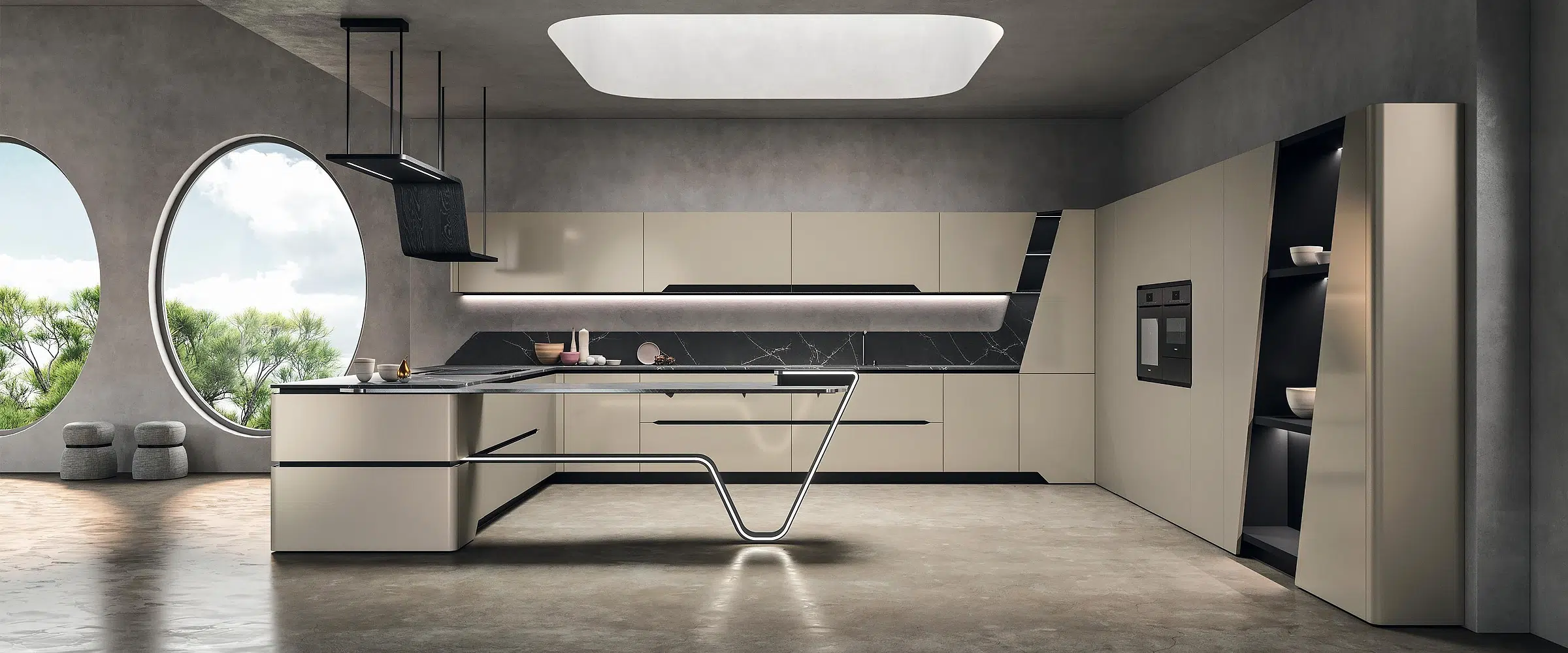 Cuisine de luxe vision avec son piètement et son étagères design pininfarina