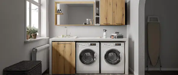 Inspirations salle de bain avec buanderie finitions bois