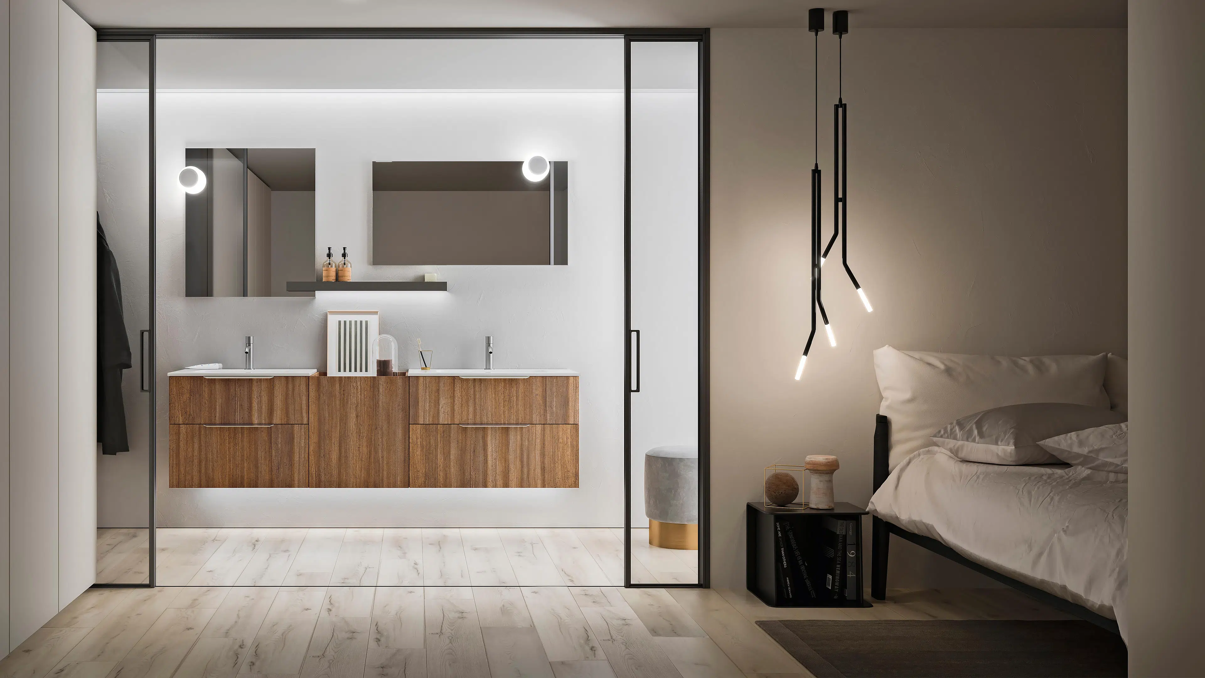 salle de bain minimaliste avec meubles suspendus et bandeaux LEDs