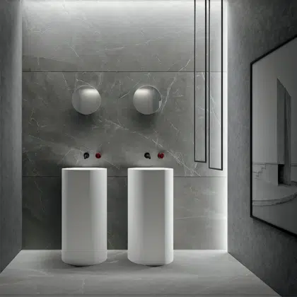 vasque de salle de bain minimaliste avec deux robinets