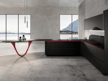 cuisine moderne design italienne de luxe avec piètement arrondi laqué rouge