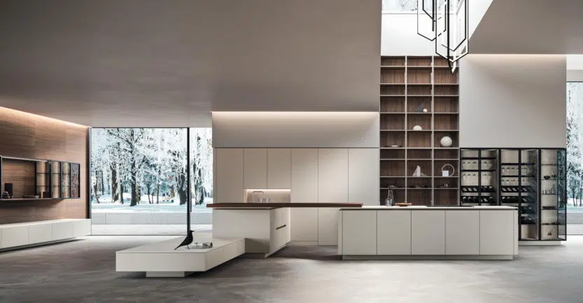 cuisine blanche sans poignées ouverte sur salon