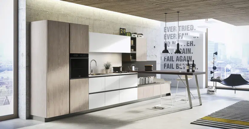 cuisine scandinave en bois haut de gamme ouverte sur salon et sans poignées
