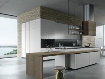 cuisine scandinave en bois ouverte sur salon avec éléments de rangements suspendues
