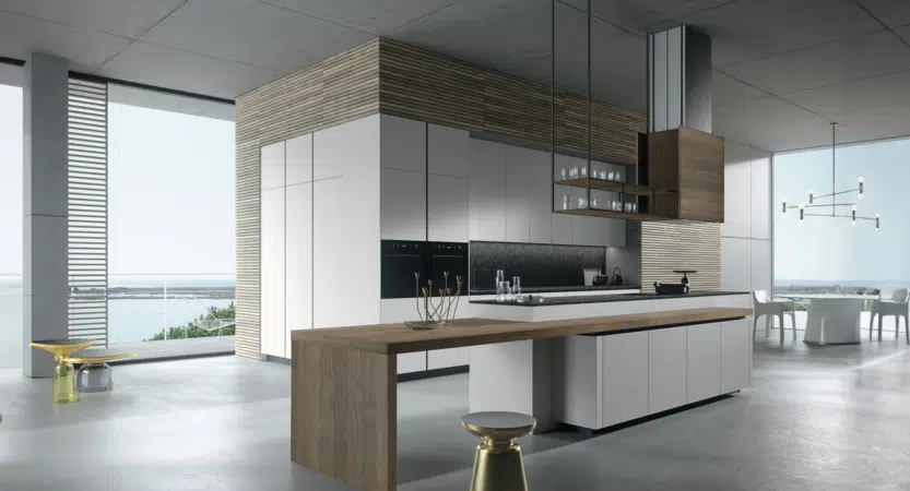 cuisine scandinave en bois ouverte sur salon avec éléments de rangements suspendues